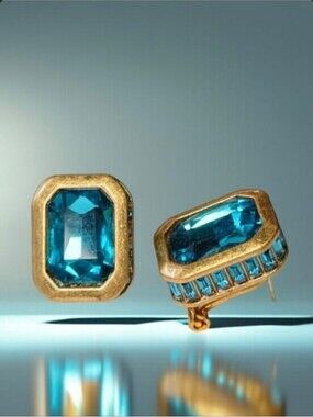 18k Gold Plated Cubed Blue Topaz Crystal Omega Stud Earrings